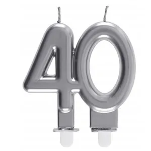 SANTEX REF/6931 -Décoration gâteau anniversaire avec bougie 40 ans argent métallique (x1) pas cher