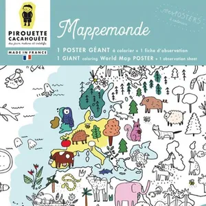 PIROUETTE CACAHUETE Poster à colorier mappemonde - Marque - Modèle - Bleu - Chambre - Carton/Papier pas cher