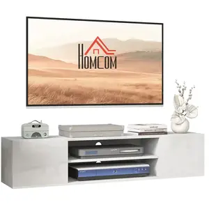 HOMCOM Meuble TV mural - banc TV flottant - 2 portes, 2 niches - dim. 140L x 30l x 30H cm - panneaux blanc laqué pas cher