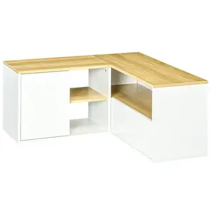 HOMCOM Meuble TV d'angle banc TV en L 2 portes 3 niches panneaux aspect bois chêne clair blanc pas cher