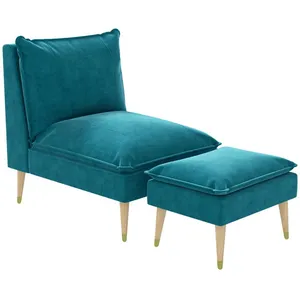 HOMCOM Fauteuil design scandinave grand confort - repose-pied inclus - piètement effilé incliné bois hévéa velours turquoise pas cher