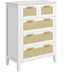 HOMCOM Commode 5 tiroirs cannage en rotin dim. 77L x 37l x 104H cm MDF blanc bois de pin pas cher
