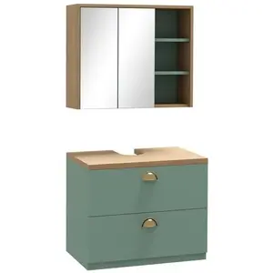 KLEANKIN Ensemble 2 meubles salle de bain - meuble sous-vasque suspendu, armoire murale miroir - aspect bois clair vert pas cher