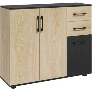 HOMCOM Buffet rangement 3 portes étagère 2 tiroirs coulissants panneaux aspect bois clair noir pas cher