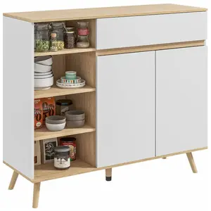 HOMCOM Buffet design scandinave 2 portes tiroir coulissant 4 niches piètement bois de pin panneaux blanc aspect chêne clair pas cher