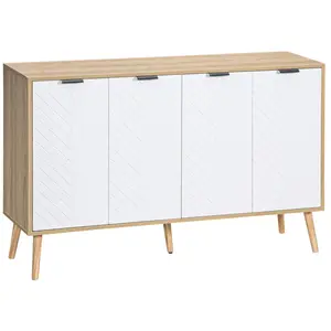 HOMCOM Buffet design scandinave 4 portes 2 étagères piètement bois de pin panneaux portes motif chevrons blanc aspect bois clair pas cher