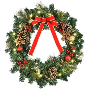 HOMCOM Couronne de Noël artificielle lumineuse - Décoration de Noël LED - Ø 60 cm 20 LED blanc chaud - décoration incluse 60x10x60cm Vert pas cher