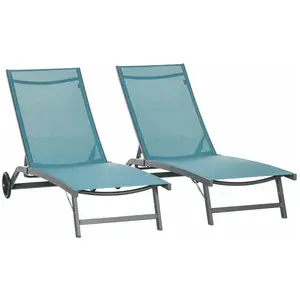 Outsunny Lot de 2 bains de soleil transats inclinables - 2 roulettes - alu. textilène bleu 165x66x102cm BleuVendu parcdiscount