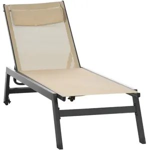 Outsunny Bain de soleil transat inclinable 5 positions - tétière, 2 roulettes - alu. textilène kaki 164x55x90cm Vert pas cher