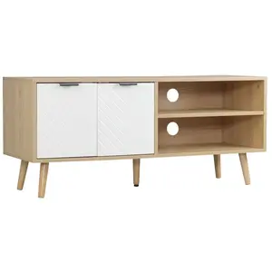 HOMCOM Meuble TV bas sur pied style scandinave 2 portes 2 niches piètement effilé incliné bois panneaux blanc aspect bois pas cher