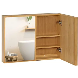 KLEANKIN Miroir de salle de bain avec placard 2 portes - 2 étagères - bois de bambou verni 65x14x50cm Beige pas cher