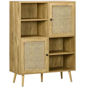 HOMCOM Bibliothèque 2 portes 4 niches style bohème chic cannage en rotin panneaux aspect chêne clair 90x35x120cm Beige pas cher