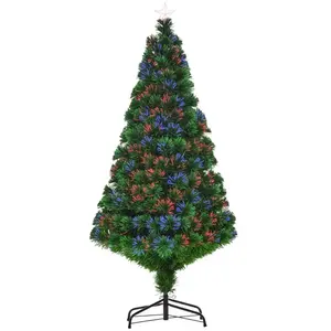 HOMCOM Sapin de Noël Artificiel Lumineux 150H cm Fibre Optique Multicolore + Support Pied 180 Branches étoile Sommet pas cher