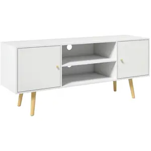 HOMCOM Meuble TV style scandinave 2 portes 2 niches passe-fils piètement bois pin panneaux blanc 120x34x50cm Blanc pas cher
