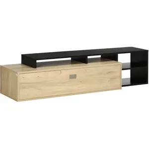 HOMCOM Meuble TV réversible design contemporain porte abattante 2 compartiments 4 niches MDF aspect chêne clair noir 163x40x38cm Beige pas cher