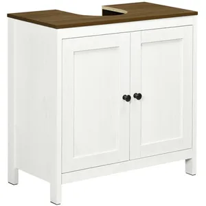 KLEANKIN Meuble salle de bain - meuble sous-vasque - placard 2 portes avec étagère - panneaux blanc aspect bois noyer 60x30x60cm Blanc pas cher