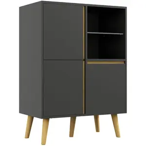 HOMCOM Meuble TV Hi-fi sur pied design scandinave 3 portes 3 étagères 2 niches verre trempé bois gris pas cher