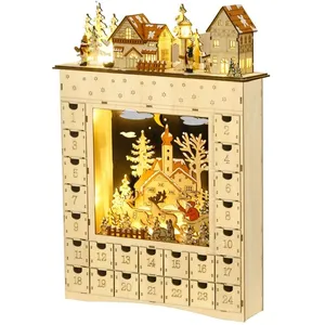 HOMCOM Calendrier de l'Avent LED - 10 lumières blanc chaud - 24 tiroirs - décoration lumineuse de Noël - MDF bois naturel pas cher
