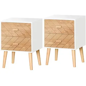 HOMCOM Lot de 2 chevets tables de nuit design scandinave - total 4 tiroirs - bois pin MDF blanc hêtre motif graphique pas cher