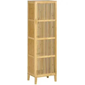 HOMCOM Buffet rangement porte 4 niveaux 3 étagères façade à lattes bois de bambou verni 100x35x82cm Beige pas cher