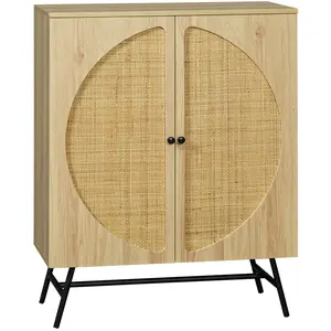 HOMCOM Buffet 2 portes cannage rotin avec étagère piètement métal noir aspect chêne clair 80x39x101cm Beige pas cher