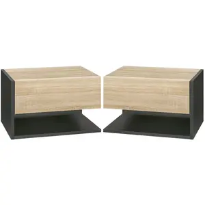 HOMCOM Lot de 2 tables de chevet murales - lot de 2 tables de nuit - tiroir coulissant, étagère - aspect chêne clair noir 46x30x30cm Noir pas cher