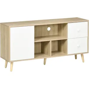 Homcom Meuble Tv Scandinave Porte 3 Niches 2 Tiroirs Bois Clair Blanc pas cher