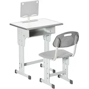 Bureau enfant réglable avec chaise - HOMCOM - Gris blanc - Support de lecture et rangements pas cher