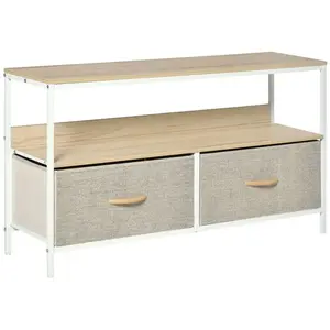 HOMCOM Meuble TV bas sur pieds style industriel 2 tiroirs tissu gris acier MDF blanc bois clair pas cher