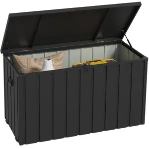 Outsunny Coffre de rangement jardin capacité 450L - vérin à gaz, roulettes, poignée - acier PP anthracite pas cher