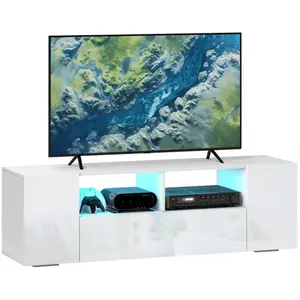 HOMCOM Meuble TV banc TV LED 2 étagères placards blanc laqué pas cher