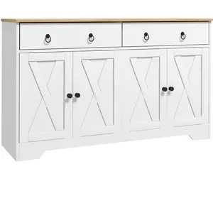HOMCOM Buffet 2 portes 2 étagères 2 tiroirs style rural chic façades portes à croisillons poignées anneaux métal noir blanc aspect bois pas cher