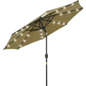 Outsunny Parasol octogonal inclinable Ø 2,67 x 2,4 m lumineux solaire 24 LED polyester haute densité 180 g/m² kaki pas cher