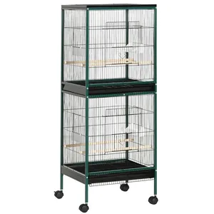 Comparateur de prix : PawHut Grande cage à oiseaux sur pied à roulettes - volière double, mangeoires, perchoirs, plateau amovible - vert noir