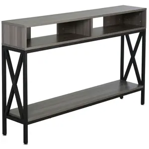 Table Console d'Entrée Industriel - HOMCOM - Bois Gris - Multi-rangements 120 x 23,5 x 75 cm pas cher