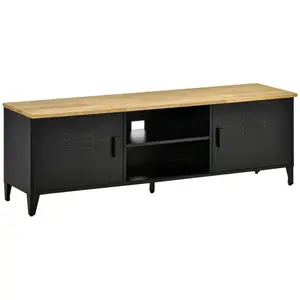 HOMCOM Meuble TV banc TV design industriel - 2 placards, 2 niches, 2 passe-fils - structure piètement tôle métal plateau bois d'hévéa pas cher