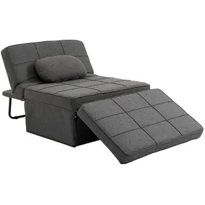 HOMCOM Fauteuil chauffeuse chaise longue pouf 3 en 1 dossier inclinable 5 niveaux repose-pied rabattable châssis métal noir lin gris pas cher