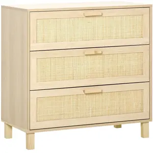 Commode - HOMCOM - 3 tiroirs - cannage en rotin - aspect bois clair pas cher