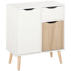 HOMCOM Meuble de rangement design scandinave 2 placards tiroir coulissant pieds bois massif pin panneaux particules blanc chêne clair pas cher