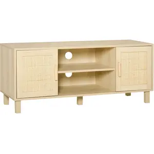 HOMCOM Meuble TV banc TV 2 niches 2 placards porte cannage en rotin dim. 115L x 40l x 48H cm MDF aspect bois clair pas cher