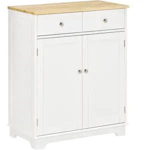 HOMCOM Buffet multi-rangement 2 portes avec étagère réglable 2 tiroirs coulissants MDF plateau bois d'hévéa 68x40x85cm Blanc pas cher
