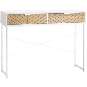 HOMCOM Table console industriel 2 tiroirs aspect bois de chêne sculpté motif à chevrons piètement métal blanc 100x30x75cm Blanc pas cher