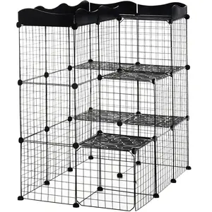 PawHut Cage parc enclos pour petits animaux chats visons modulable 3 niveaux 2 portes rampe fil métallique 105 x 70 x 105 cm noir pas cher
