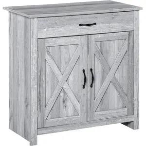 HOMCOM Buffet 2 portes tiroir style rural chic placard avec étagère poignées métal noir MDF panneaux particules aspect bois gris clair pas cher