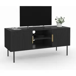 IDMARKET Meuble TV 110 cm MARCEL noir 2 portes effet lattes pas cher