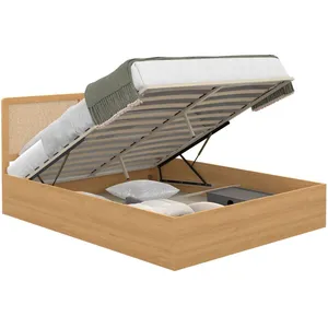 IDMARKET Lit coffre double EDHEN avec tête de lit cannage et sommier 140 x 190 cm coloris bois pas cher
