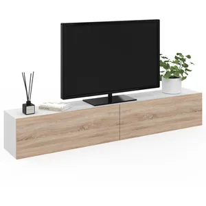 IDMARKET Meuble TV 180 cm suspendu ELIO 2 portes blanc et bois pas cher