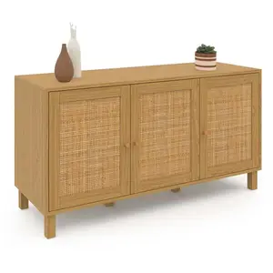IDMarket Buffet Bas Vintage HANAE 3 Portes Effet Naturel cannage pas cher