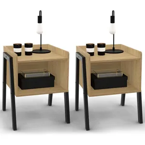 IDMARKET Lot de 2 tables de chevet DALAT 1 niche bois et pieds métal n... pas cher