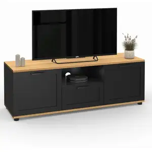 IDMARKET Meuble TV 110 cm VITO avec tiroir et niche noir et bois pas cher